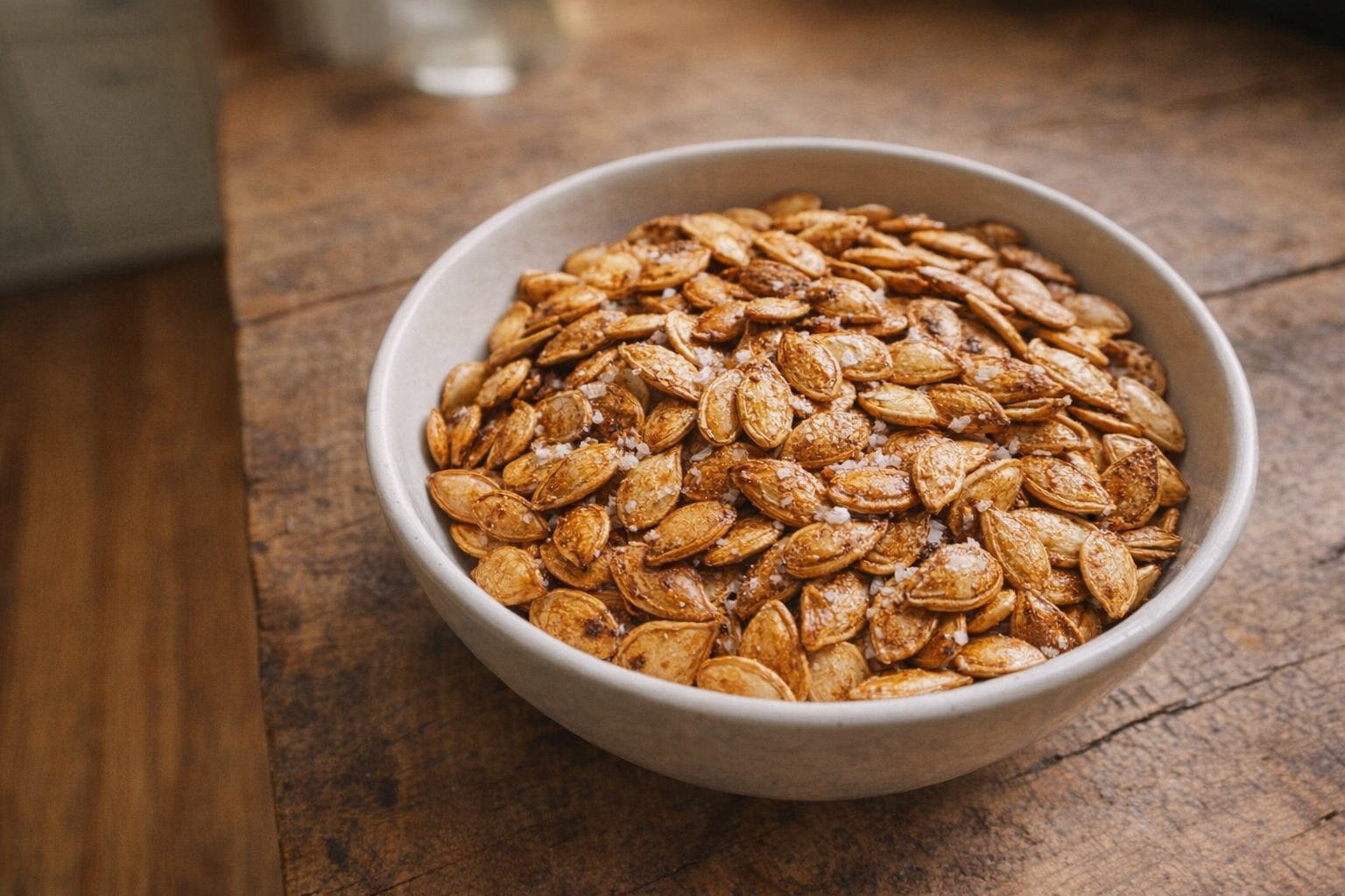 A top-down shot of a bowl filled with golden brown roasted pumpkin seeds, some sprinkled with sea salt, rustic wooden table background, natural daylight